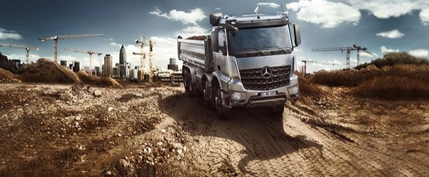 Focus on the hydraulic clutch on the Mercedes construction trucks