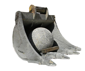 Le godet bouleCe type de godet est employé dans les travaux de démolition. Il s’agit d’un godet équipé, à l’intérieur, de deux rails qui permettent de guider une grosse boule pesant plusieurs centaines de kilogrammes. Cette boule permet par exemple de casser (sans broyer) des blocs de roche. Le godet boule est assez économique car ne nécessitant pas d’autre matériel qu’un godet très résistant et une boule (de diamètre de l’ordre de 800 mm à 1m).